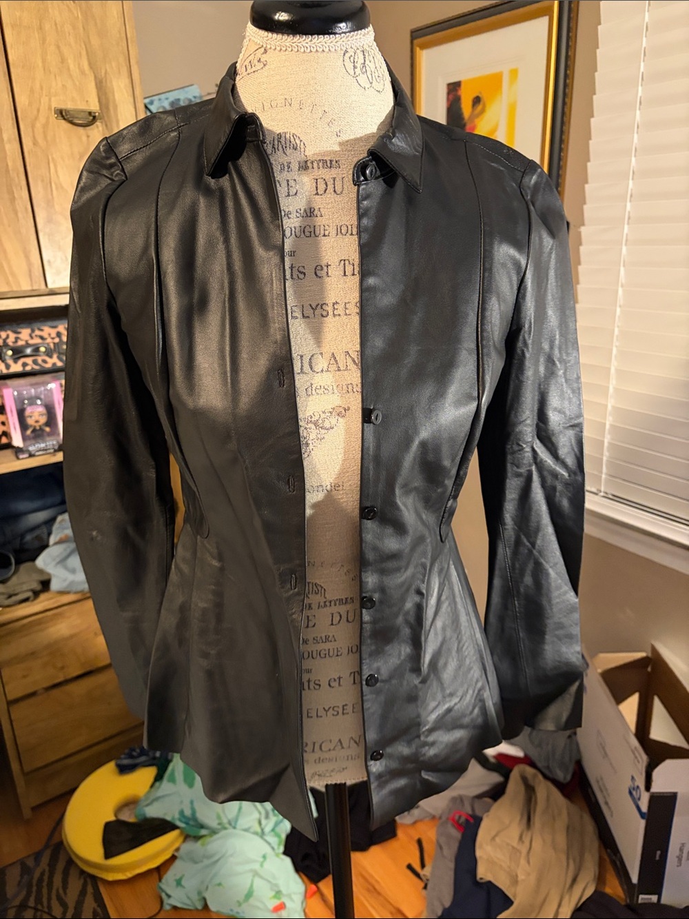 Ecru Black Women's Leather Button-Front Jacket Shirt with Peplum Pleat - XS